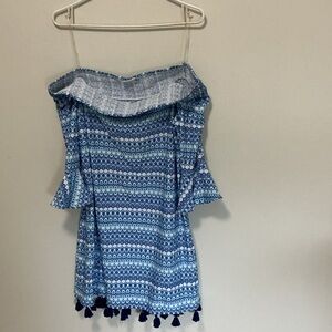 Blue Patterned Off-Shoulder Tassel Dress